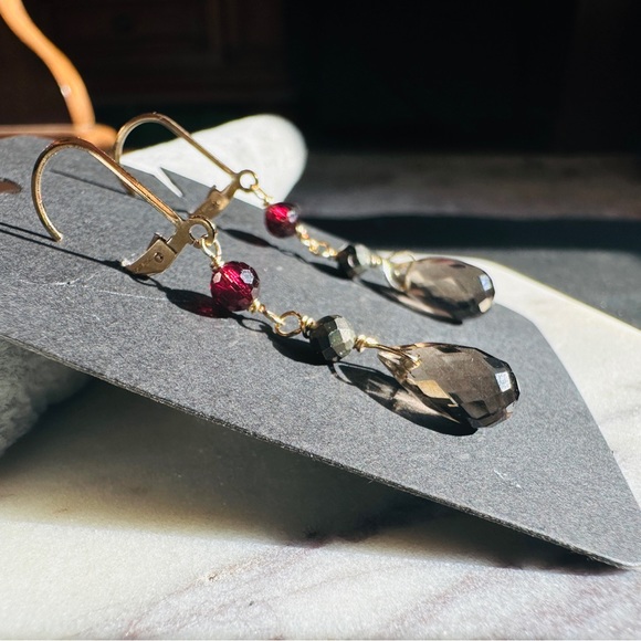 Smoky Quartz Earrings Garnet Pyrite lever back 14k GF - Picture 3 of 7